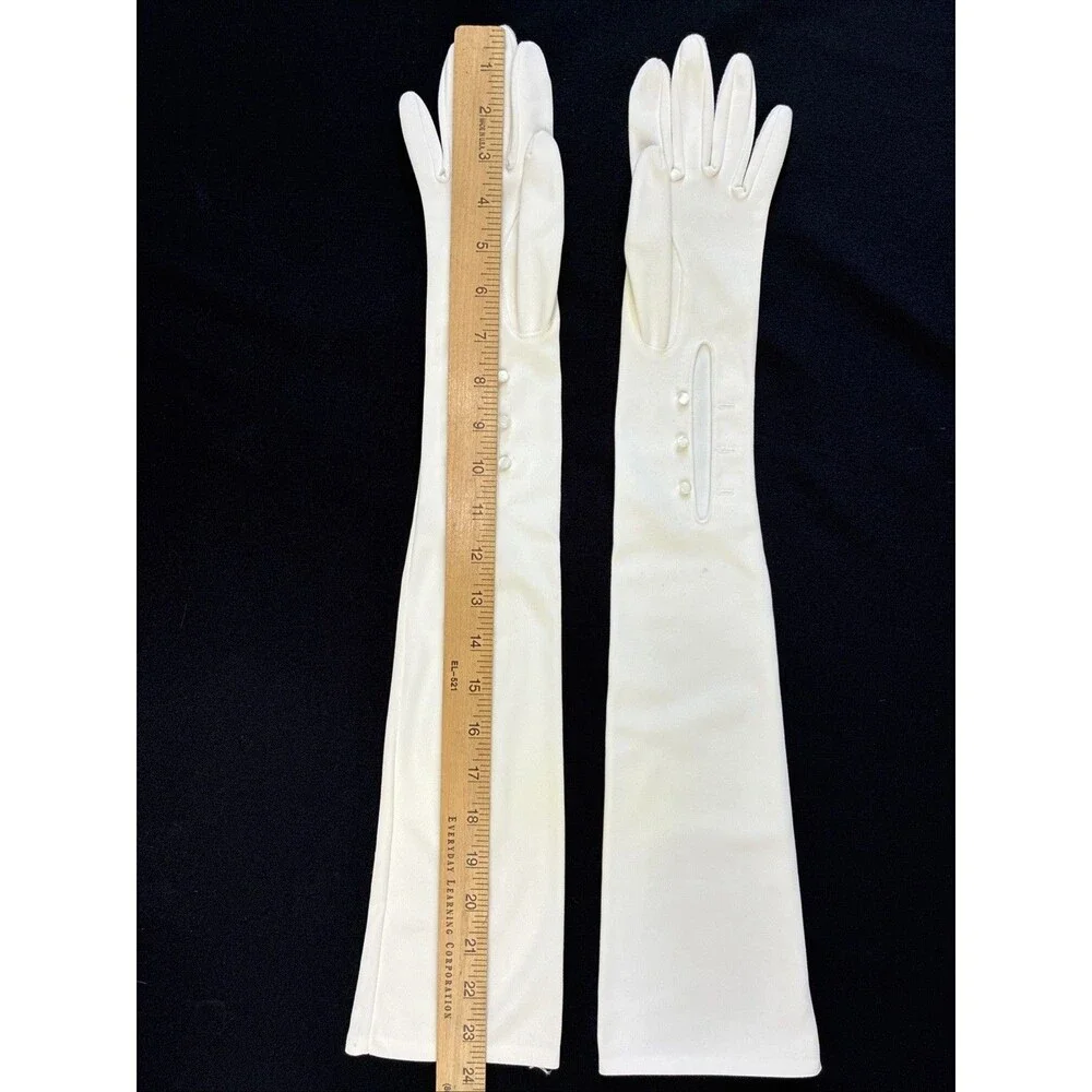 Vintage 50s Ivory Opera Length Gloves Button Evening Prom Cosplay Coquette Flaws